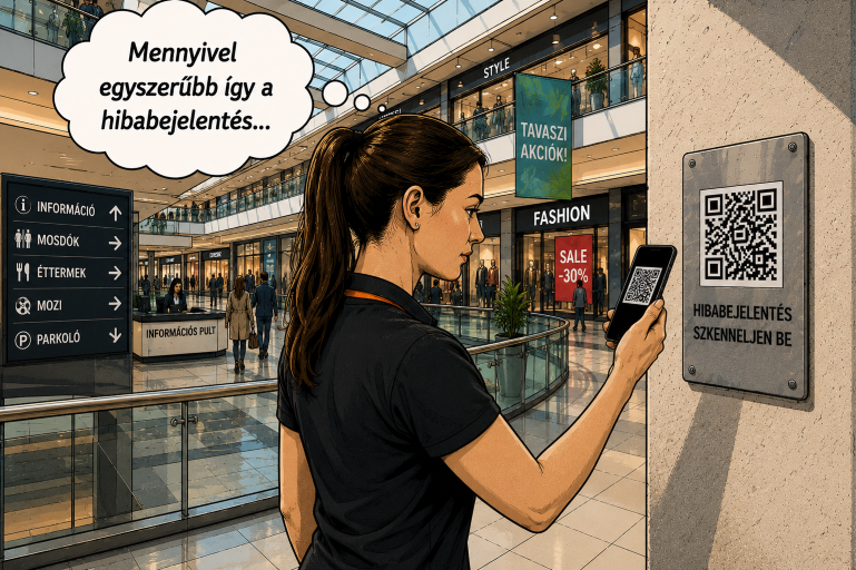 Karbantartó szakember egy modern bevásárlóközpont folyosóján okostelefonnal QR kódot szkennel