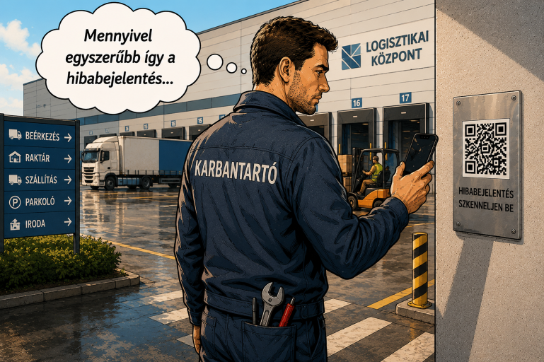 Ipari park üzemeltetési munkatárs QR kódos hibabejelentést kezel egy modern logisztikai központban