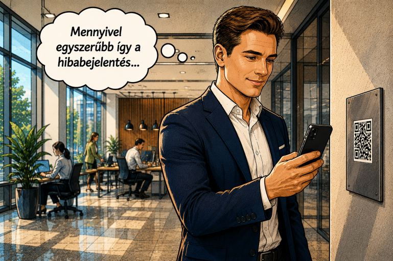 Karbantartó szakember egy modern irodaházban okostelefonnal QR kódot szkennel