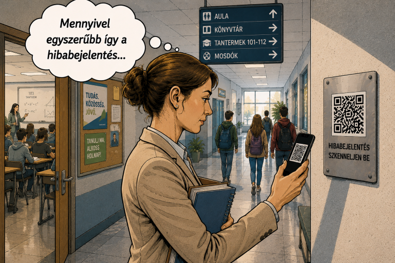 Karbantartó szakember egy modern oktatási intézmény folyosóján okostelefonnal QR kódot szkennel