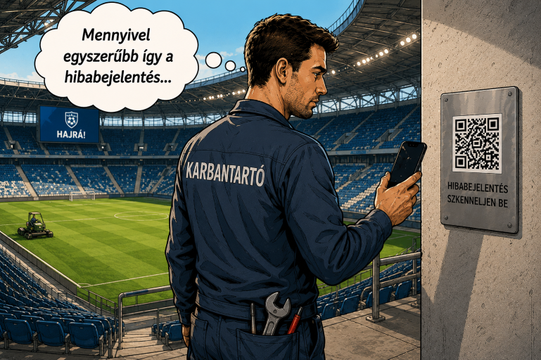 Sportlétesítmény üzemeltetési munkatárs QR kódos hibabejelentést kezel egy modern arénában