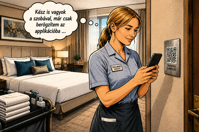 Szállodai üzemeltetési vezető okostelefonnal QR kódos hibabejelentést kezel egy modern hotelben
