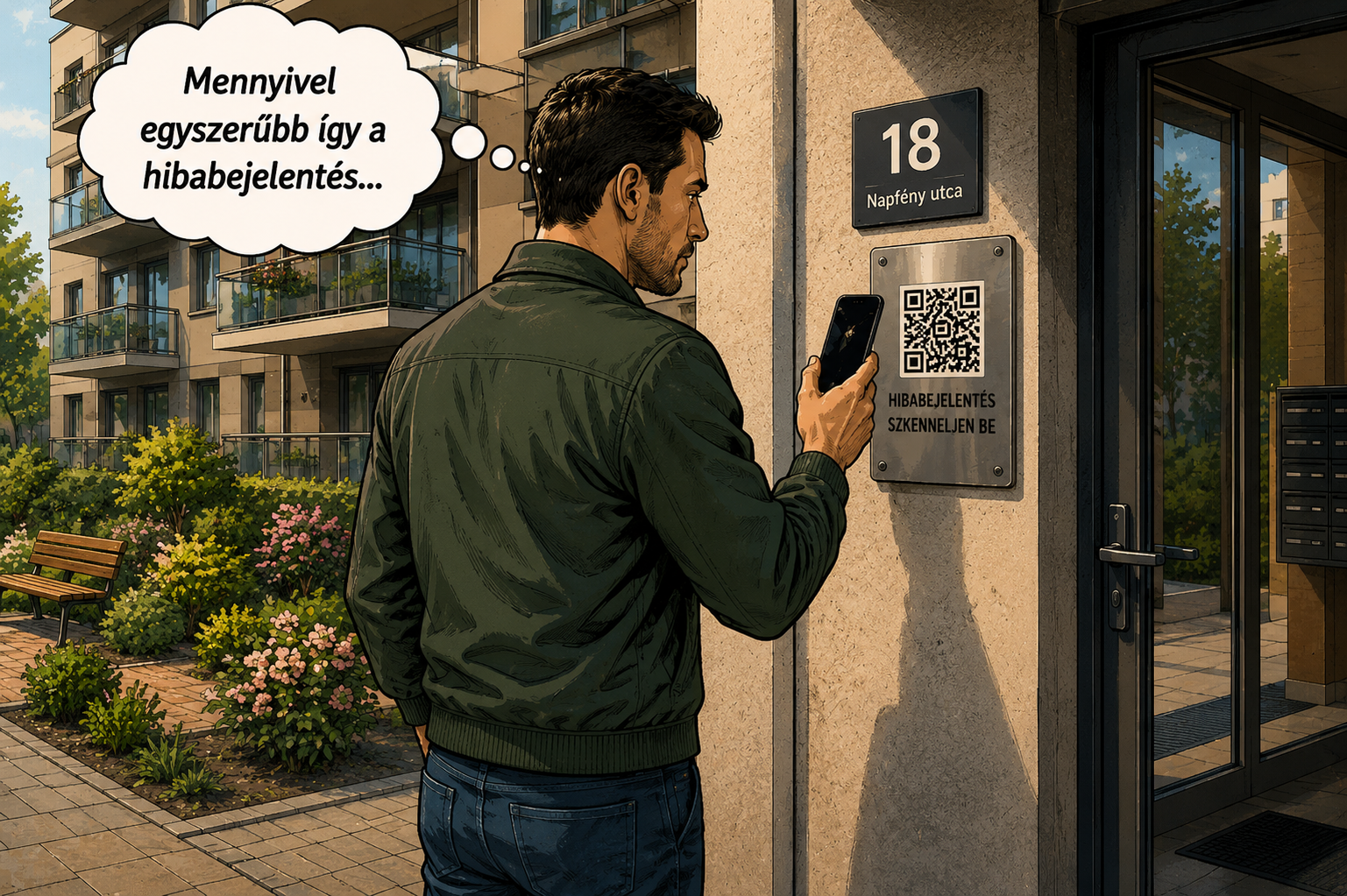 Közös képviselő QR-kódos hibabejelentést kezel egy társasház közös területén