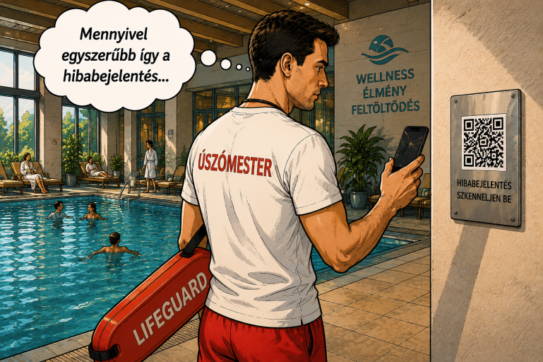 Fürdő üzemeltetési munkatárs QR kódos hibabejelentést kezel egy modern wellness részlegen